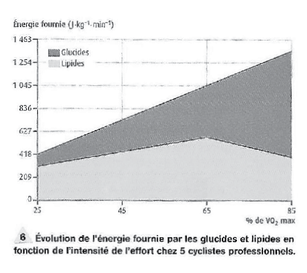 Évolution de l'énergie fournie par les glucides et les lipides en fonction de l'intensité de l'effort chez 5 cyclistes professionnels. (Extrait d'un manuel de seconde.)